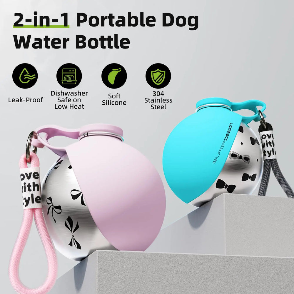 Botella de agua portátil 2 en 1 para perros — acero inoxidable y antifugas