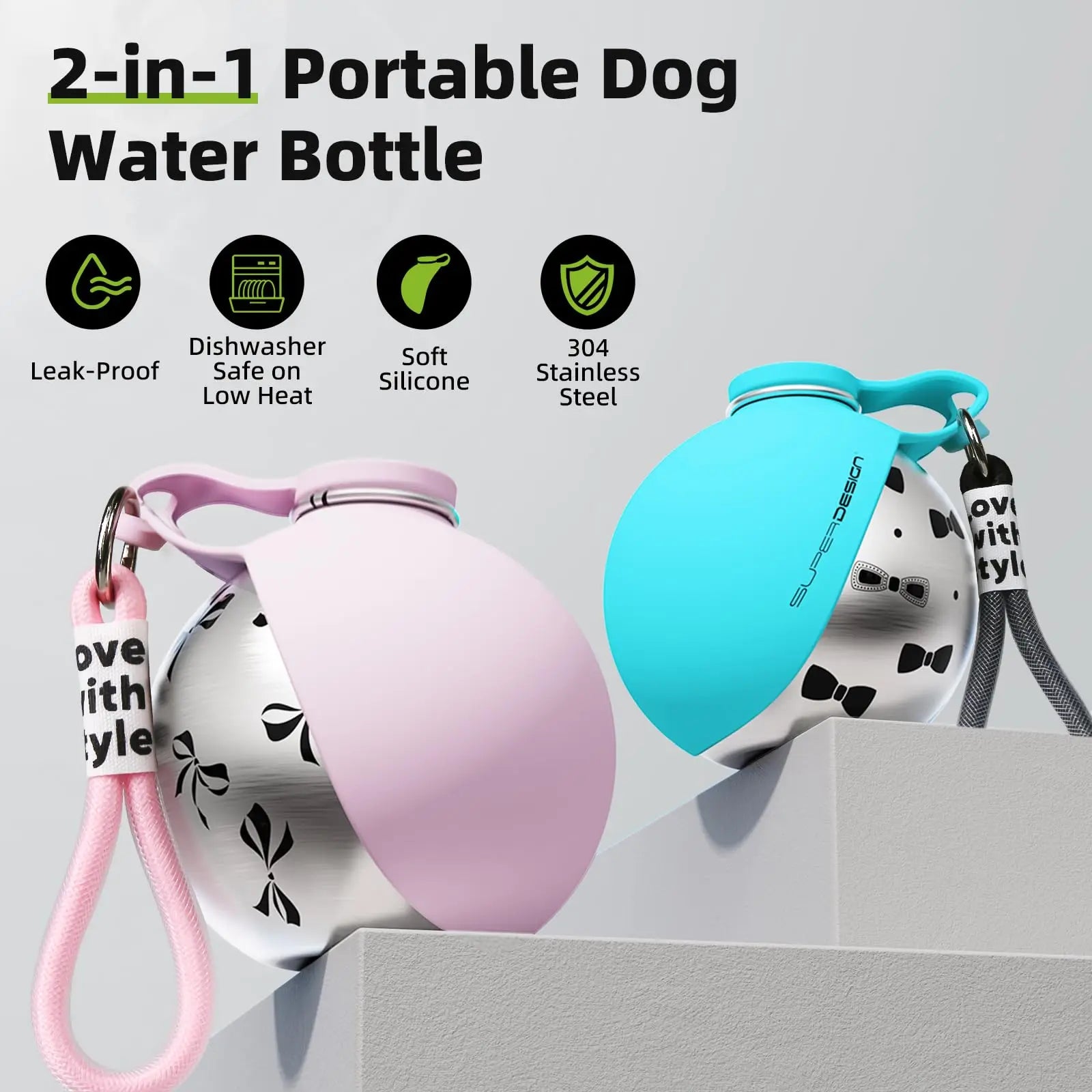 Botella de agua portátil 2 en 1 para perros — acero inoxidable y antifugas